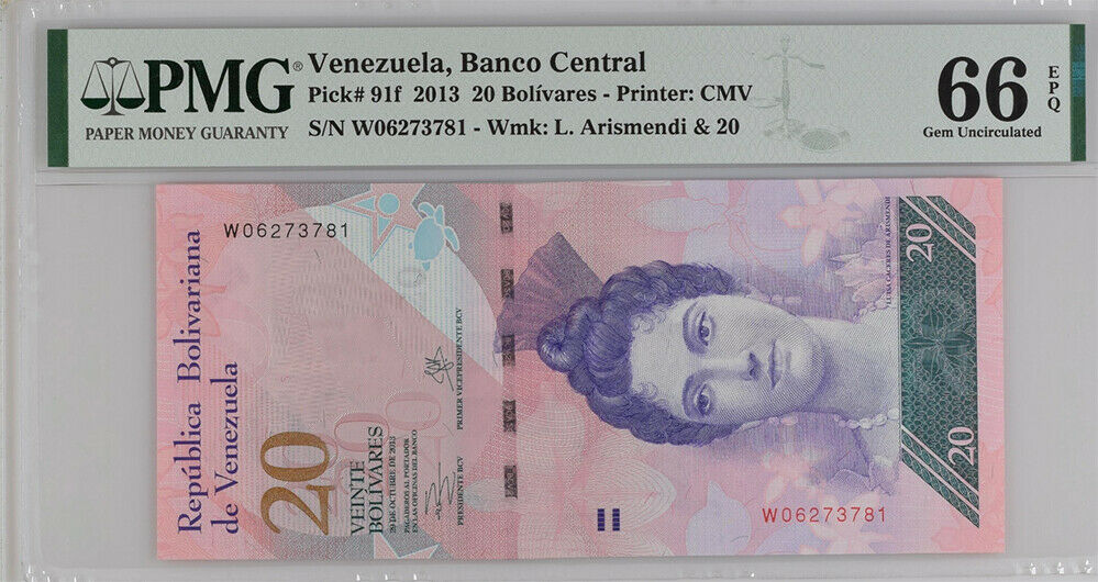 Venezuela 20 Bolivares 2013 P 91 F GEM UNC PMG 66 EPQ