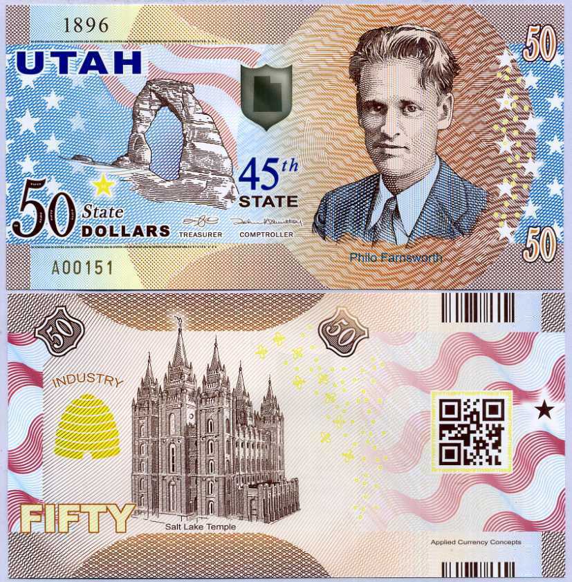 UNITED STATE USA. 50 Dollars 2020 POLYMER 45th Utah Philo Farnsworth