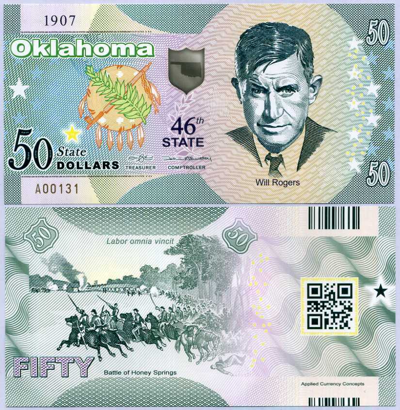 UNITED STATE USA. 50 Dollars 2020 POLYMER 46th Oklahoma Will Rogers