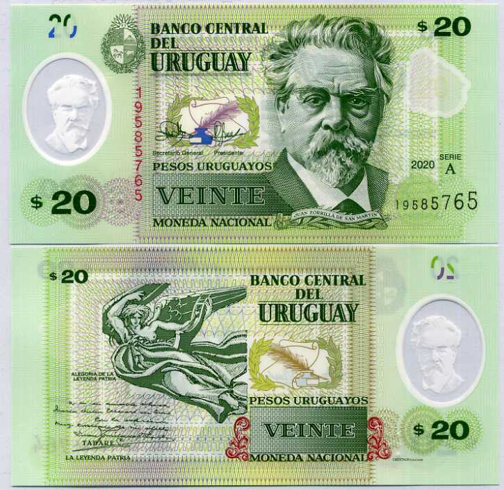 Uruguay 20 Pesos 2020 P 101 a Polymer UNC