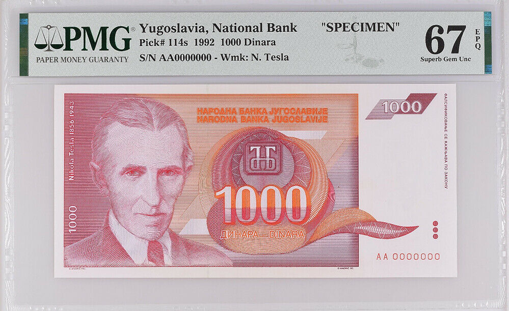 Yugoslavia 1000 Dinara 1992 P 114 s Specimen Superb Gem UNC PMG 67 EPQ Top Pop