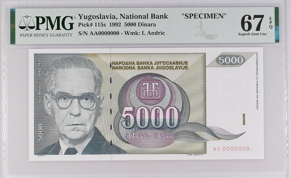 Yugoslavia 5000 Dinara 1992 P 115 s Specimen Superb Gem UNC PMG 67 EPQ Top Pop