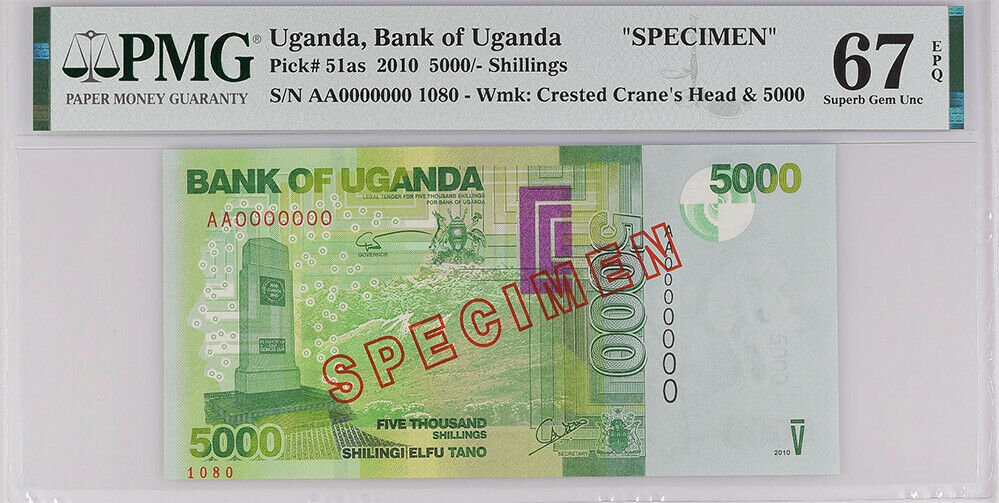 Uganda 5000 Shillings 2010 P 51 as Specimen Superb Gem UNC PMG 67 EPQ Top