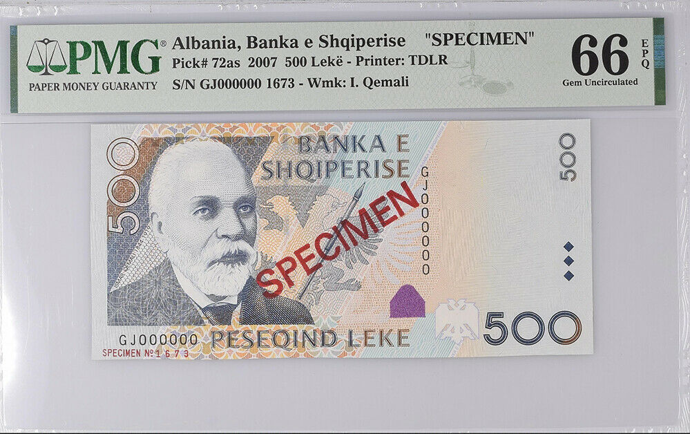 Albania 500 LEKE 2007 P 72 as SPECIMEN GEM UNC PMG 66 EPQ