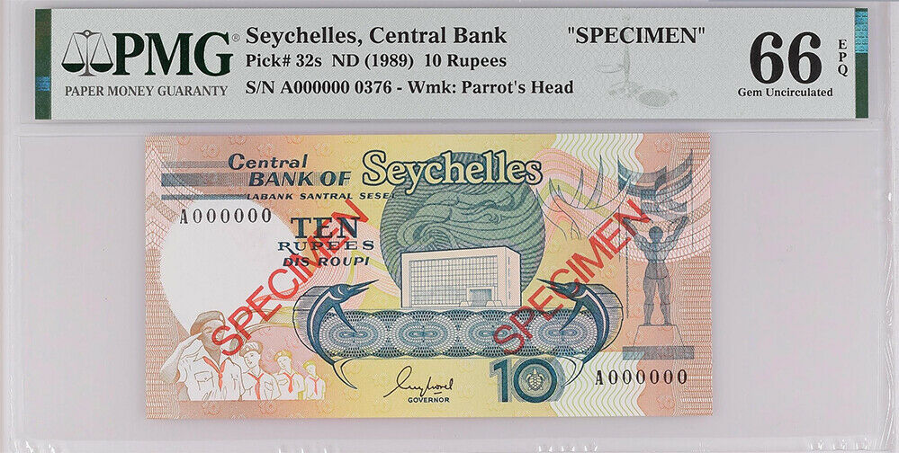 Seychelles 10 RUPEES ND 1989 SPECIMEN P 32s GEM UNC PMG 66 EPQ TOP POP