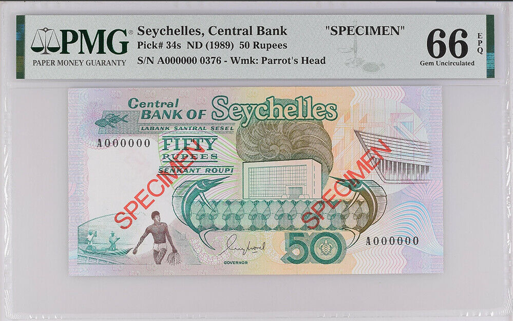 Seychelles 50 RUPEES ND 1989 SPECIMEN P 34s GEM UNC PMG 66 EPQ
