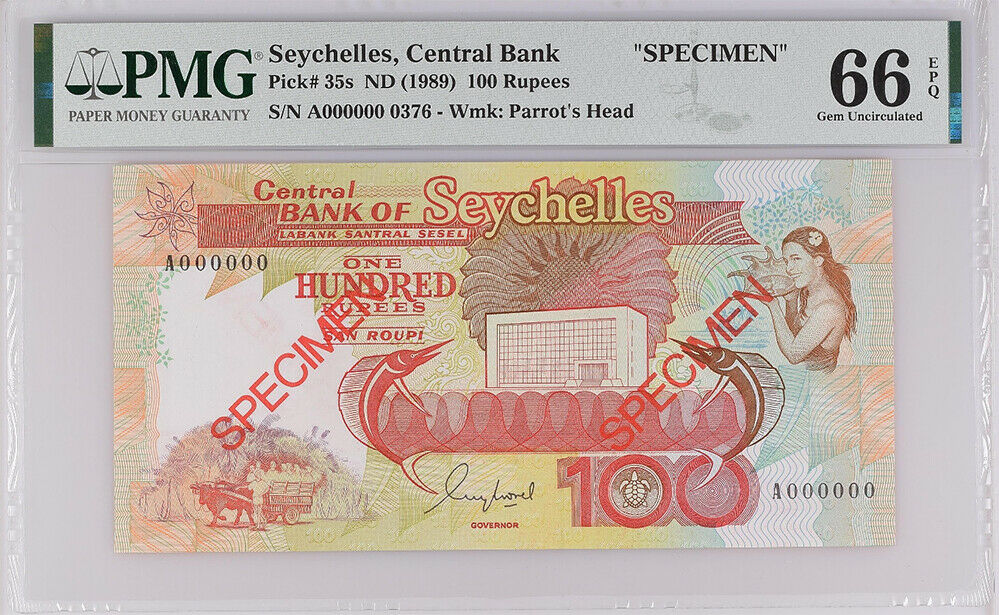 Seychelles 100 RUPEES ND 1989 SPECIMEN P 35s GEM UNC PMG 66 EPQ