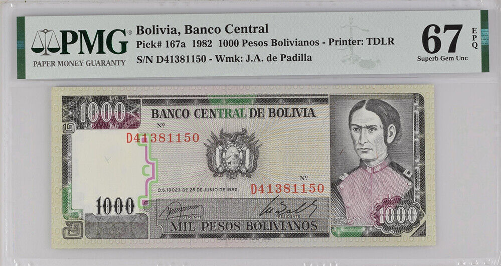 Bolivia 1000 Pesos Bolivianos 1982 P 167 a Superb GEM UNC PMG 67 EPQ