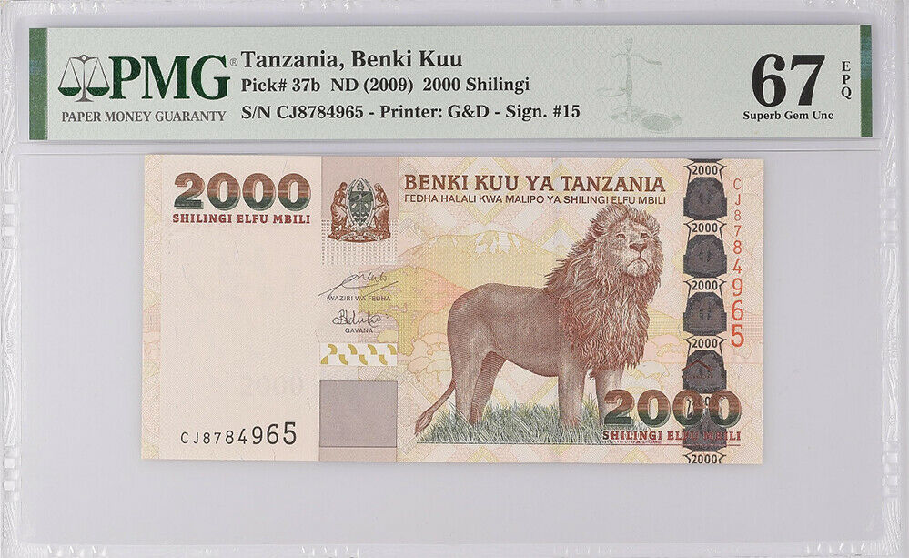 Tanzania 2000 Shillingi ND 2009 P 37 b Superb GEM UNC PMG 67 EPQ