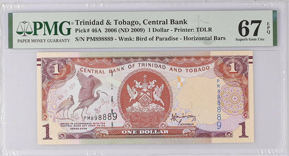 Trinidad & Tobago 1 DOLLAR 2006/2009 P 46A 898889 Superb Gem UNC PMG 67 EPQ Top