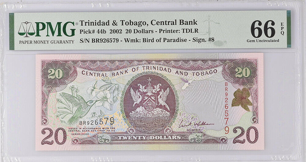 Trinidad & Tobago 20 Dollars 2002 P 44 B Gem UNC PMG 66 EPQ