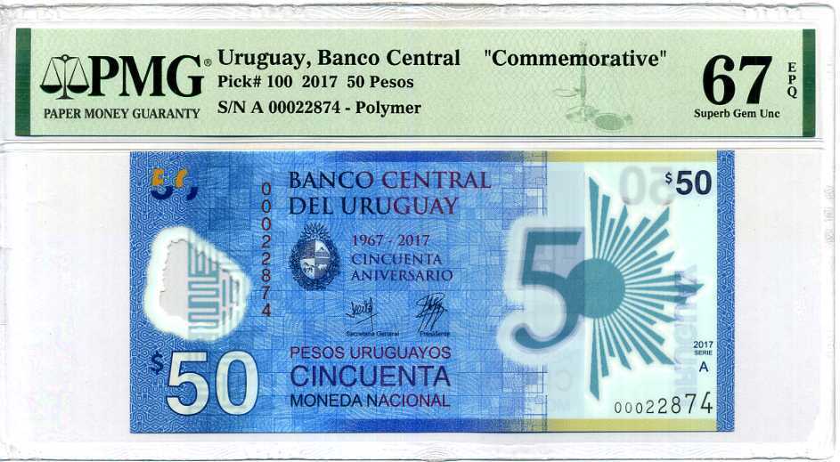 Uruguay 50 Pesos 2017 Polymer 50TH COMM. P 100 Superb GEM UNC PMG 67 EPQ NLB
