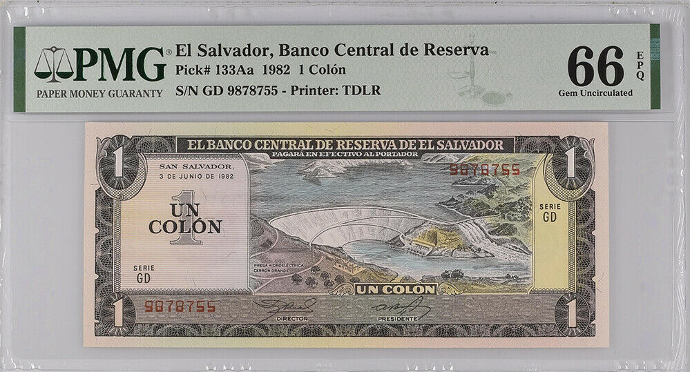 El Salvador 1 COLON 1982 P 133 Aa GEM UNC PMG 66 EPQ
