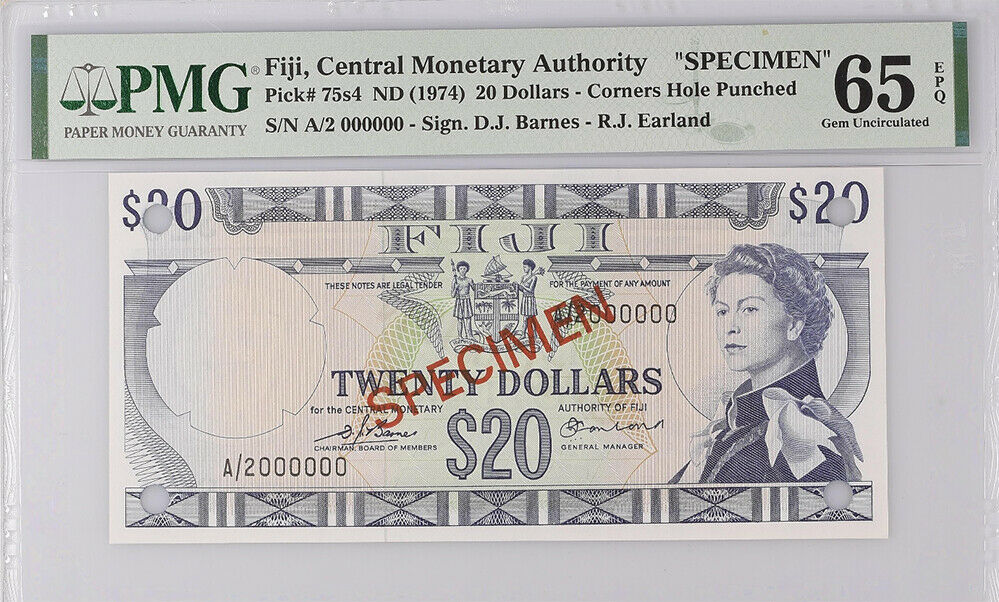 Fiji 20 Dollars ND 1974 P 75 s4 SPECIMEN Gem UNC PMG 65 EPQ