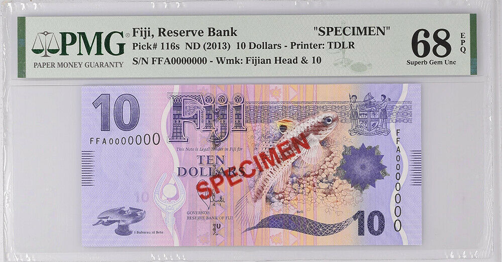 Fiji 10 Dollars ND 2007 P 116s SPECIMEN Superb Gem UNC PMG 68 EPQ Top Pop