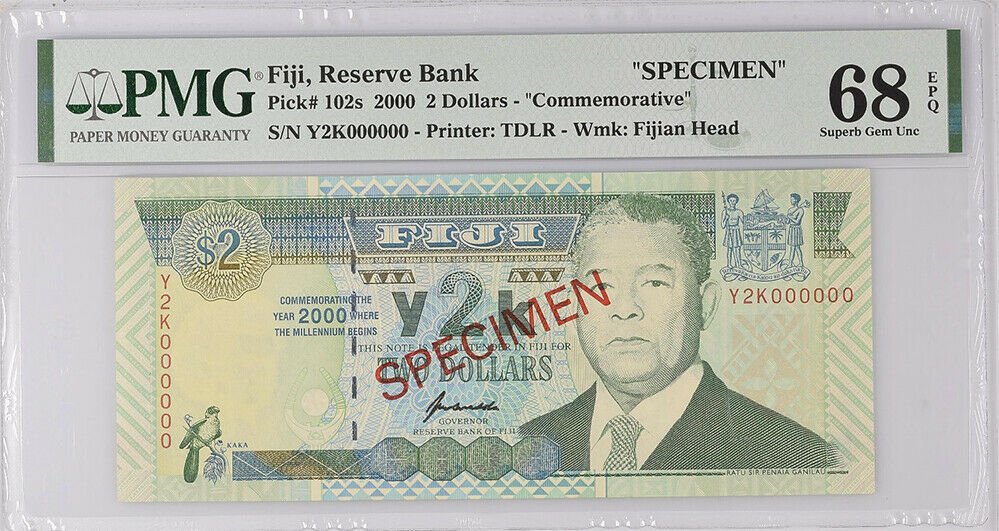 Fiji 2 Dollars Comm. 2000 Y2K P 102s SPECIMEN Superb Gem UNC PMG 68 EPQ Top Pop