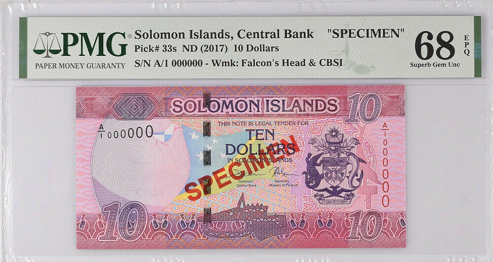 Solomon Islands 10 Dollars 2017 P 33 Specimen Superb Gem UNC PMG 68 EPQ Top Pop