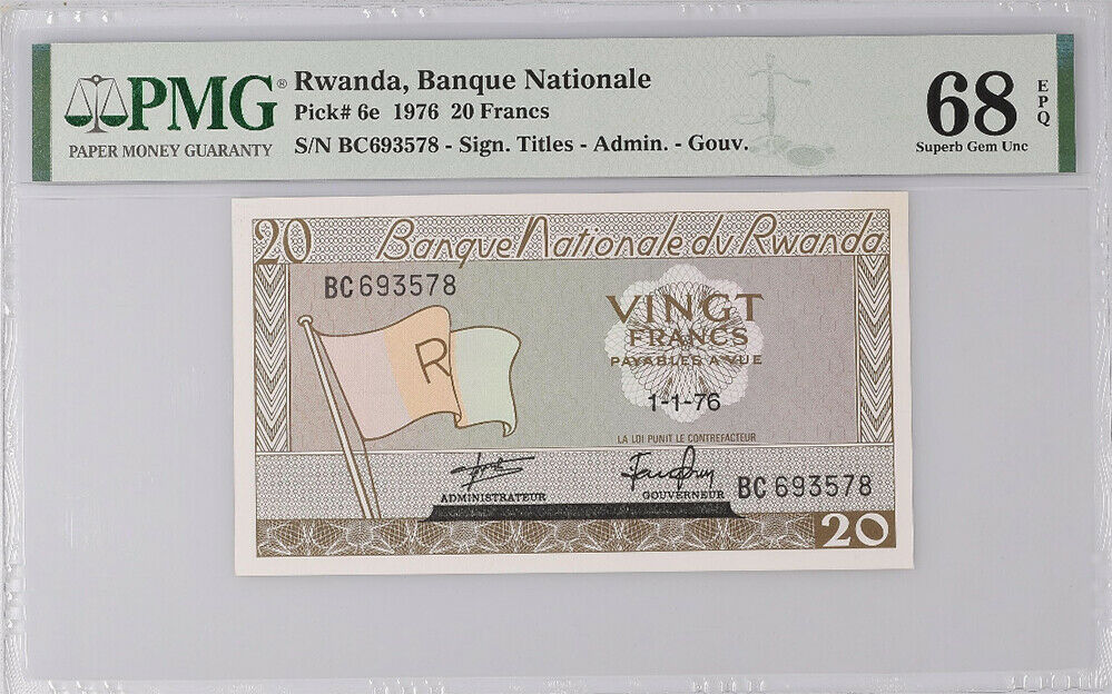 Rwanda 20 Francs 1976 P 6 e Superb Gem UNC PMG 68 EPQ High