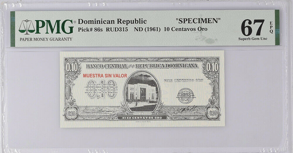 Dominican Republic 10 Centavos ORO 1961 P 86 Specimen Superb GEM UNC PMG 67 EPQ