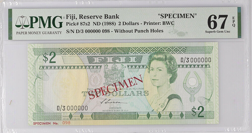 Fiji 2 Dollar ND 1988 P 87s2 SPECIMEN 098 Superb Gem UNC PMG 67 EPQ Top Pop
