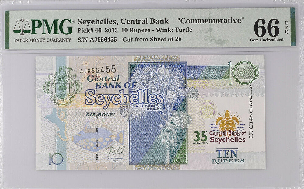 Seychelles 10 Rupees ND 2013 P 46 a 35th GEM UNC PMG 66 EPQ