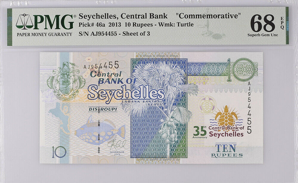 Seychelles 10 Rupees ND 2013 P 46 a 35th Superb Gem UNC PMG 68 EPQ Top