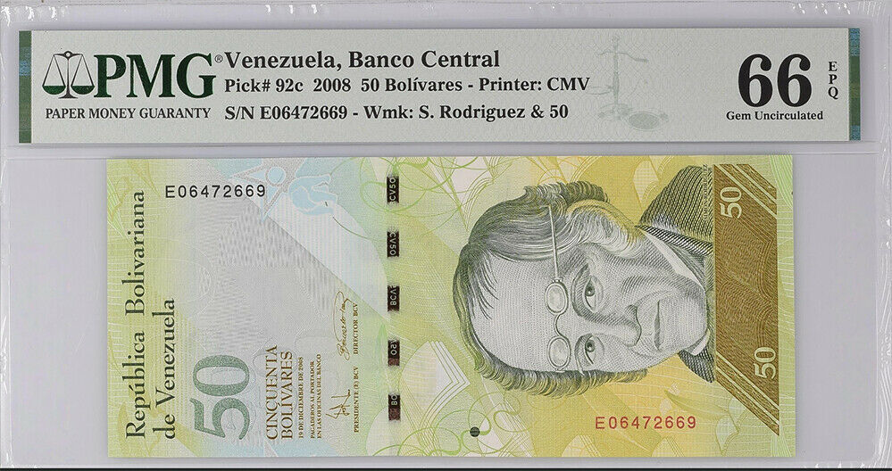 Venezuela 50 BOLIVARES 2008 P 92 GEM UNC PMG 66 EPQ