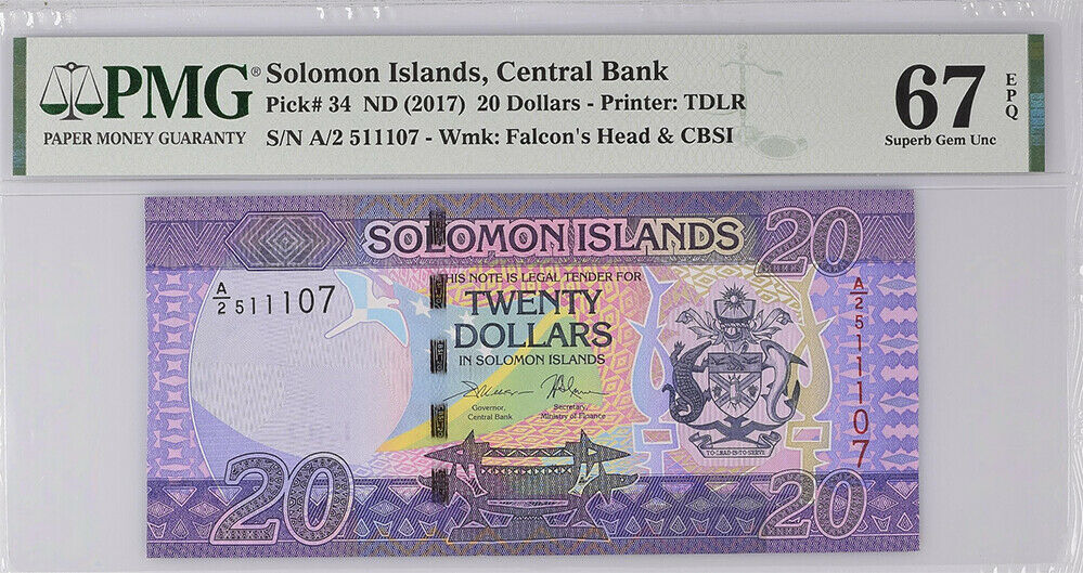 Solomon Islands 20 Dollars Nd 2017 P 34 Superb Gem UNC PMG 67 EPQ
