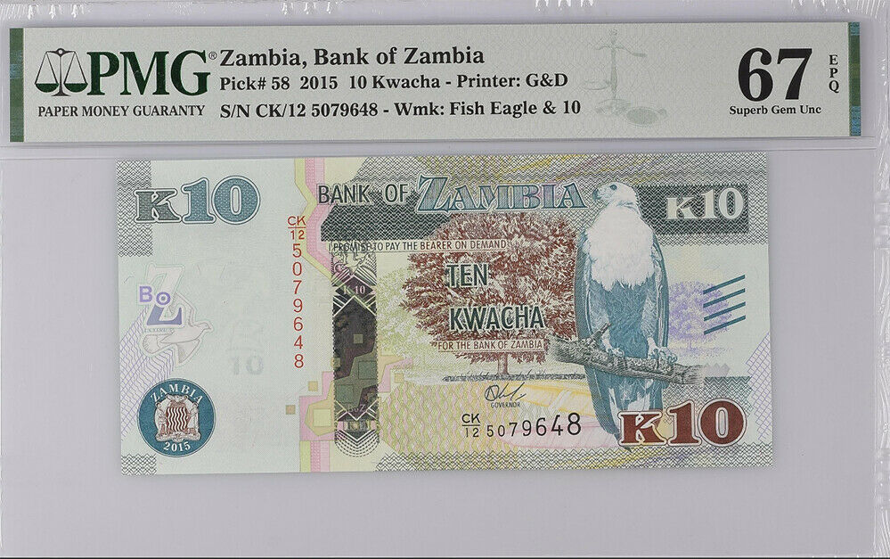 Zambia 10 Kwacha 2015 P 58 Superb GEM UNC PMG 67 EPQ Top Pop