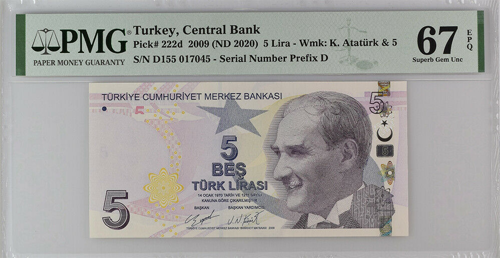 Turkey 5 Lira 2009 / 2020 P 222 d Prefix d Superb Gem UNC PMG 67 EPQ