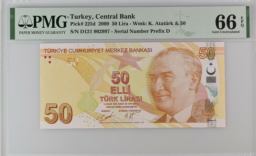 Turkey 50 Lira 2009 P 225 d GEM UNC PMG 66 EPQ