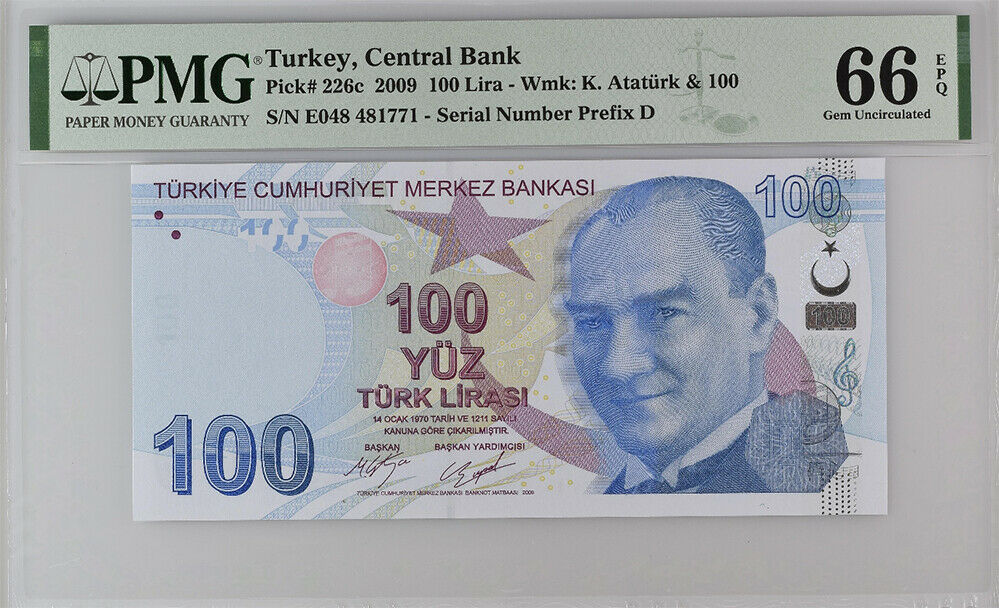 Turkey 100 Lira 2009 P 226 C Gem UNC PMG 66 EPQ