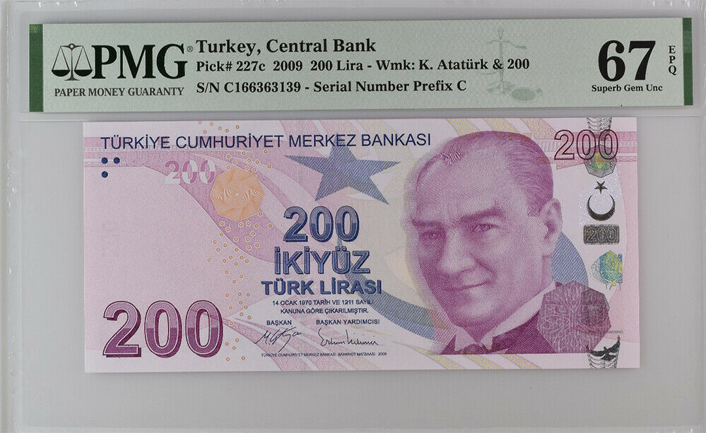 Turkey 200 Lira 2009 P 227 C Superb Gem UNC PMG 67 EPQ Top