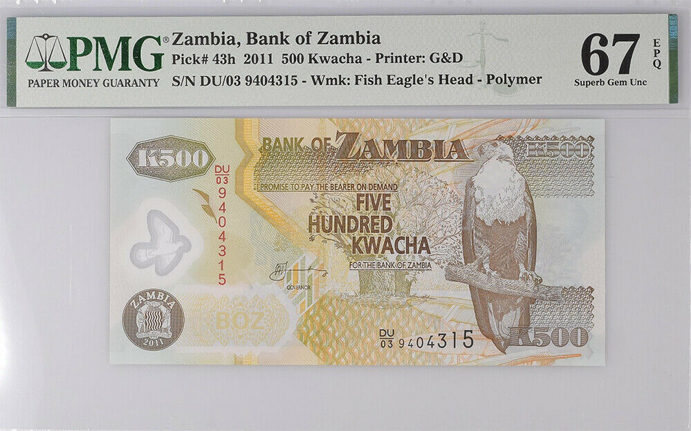 Zambia 500 Kwacha 2011 P 43 h Polymer Superb Gem UNC PMG 67 EPQ