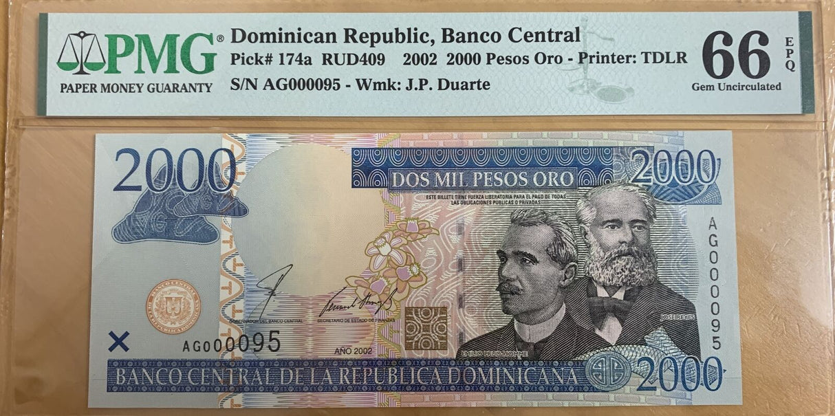Dominican Republic 2000 Pesos 2002 P 174 a AG LOW # 95 GEM UNC PMG 66 EPQ