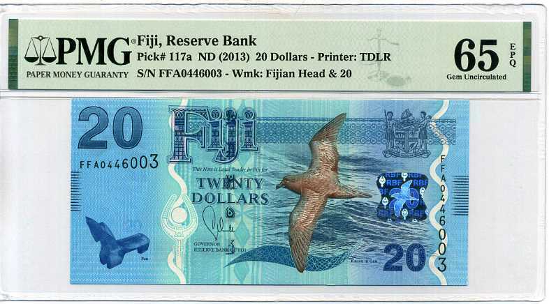 Fiji 20 Dollars ND 2013  P 117 a GEM UNC PMG 65 EPQ