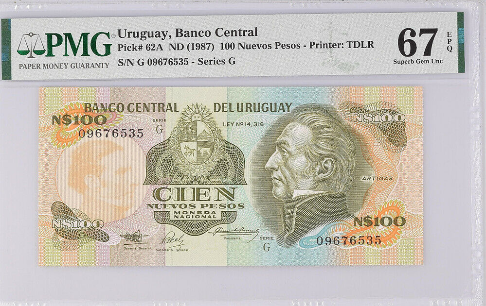 Uruguay 100 Nuevos Pesos ND 1987 P 62A Superb Gem UNC PMG 67 EPQ
