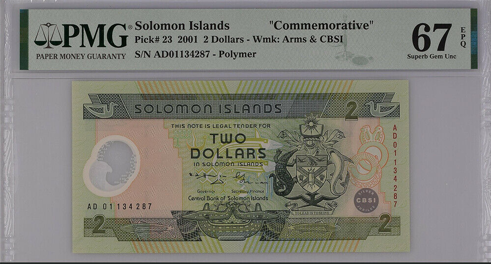 Solomon Islands 2 Dollars 2001 P 23 Polymer Superb Gem UNC PMG 67 EPQ