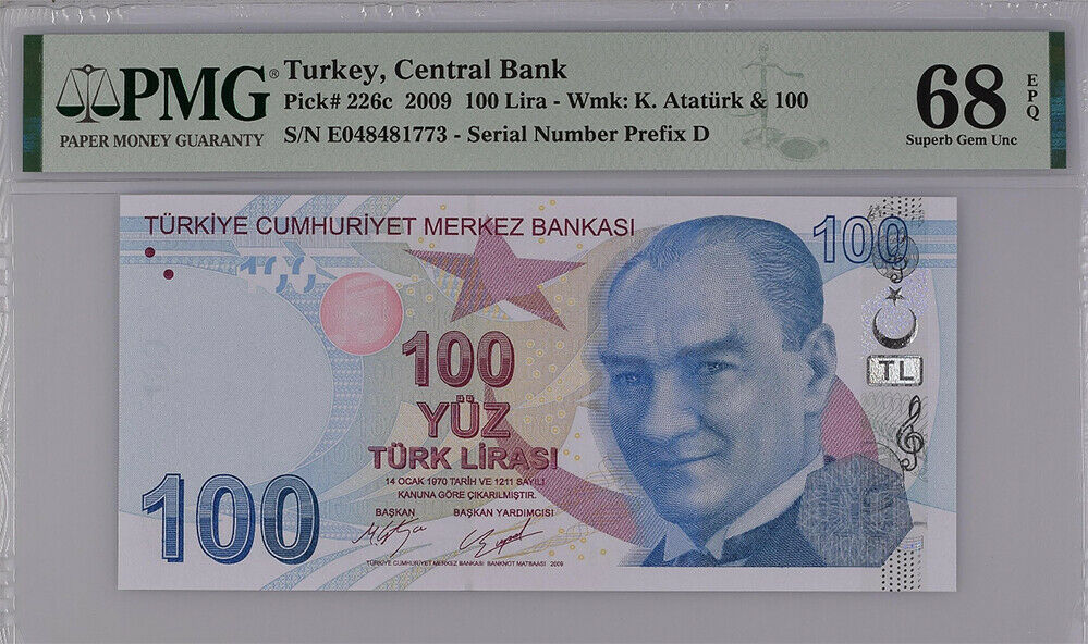 Turkey 100 Lira 2009 P 226 C Superb Gem UNC PMG 68 EPQ Top Pop