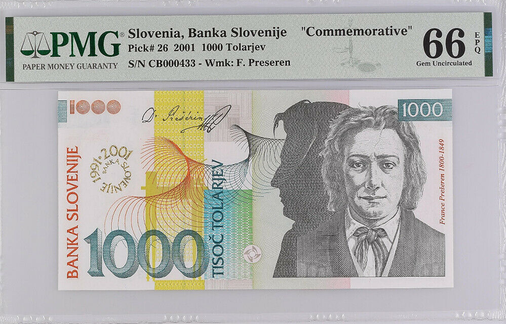 Slovenia 1000 Slovenije 2001 P 26 Comm. #433 Gem UNC PMG 66 EPQ