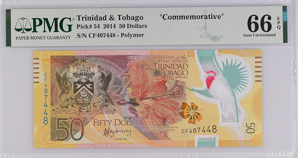 Trinidad & Tobago 50 Dollars 2014 P 54 Polymer Gem UNC PMG 66 EPQ