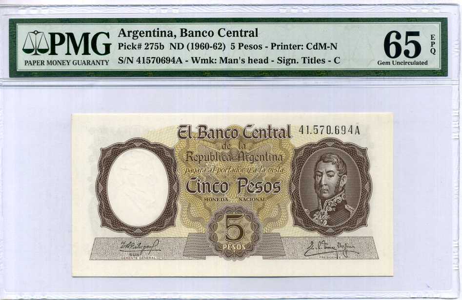 Argentina 5 Pesos Nd 1960-1962 P 275 Gem UNC PMG 65 EPQ