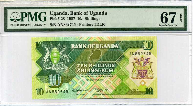 Uganda 10 Shillings 1987 P 28 Superb Gem UNC PMG 67 EPQ