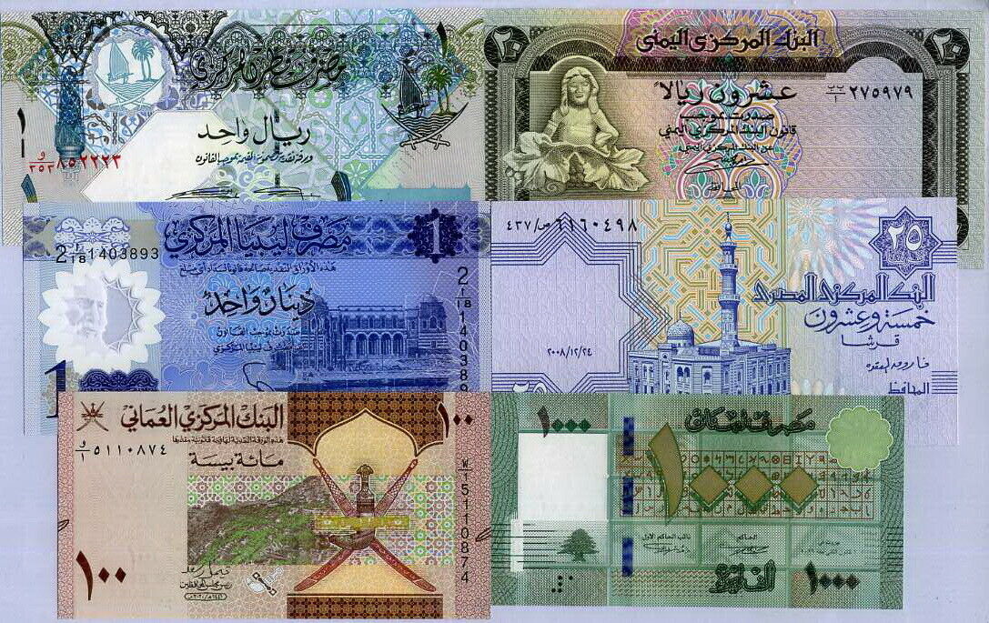 World Banknote Set 6 Pcs 6 Countries Yemen Libya Egypt Lebanon Qatar Oman UNC