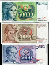 YUGOSLAVIA SET 3 PCS 5000 20,000 50,000 DINARA 1985 1987 P 93 95 96 UNC