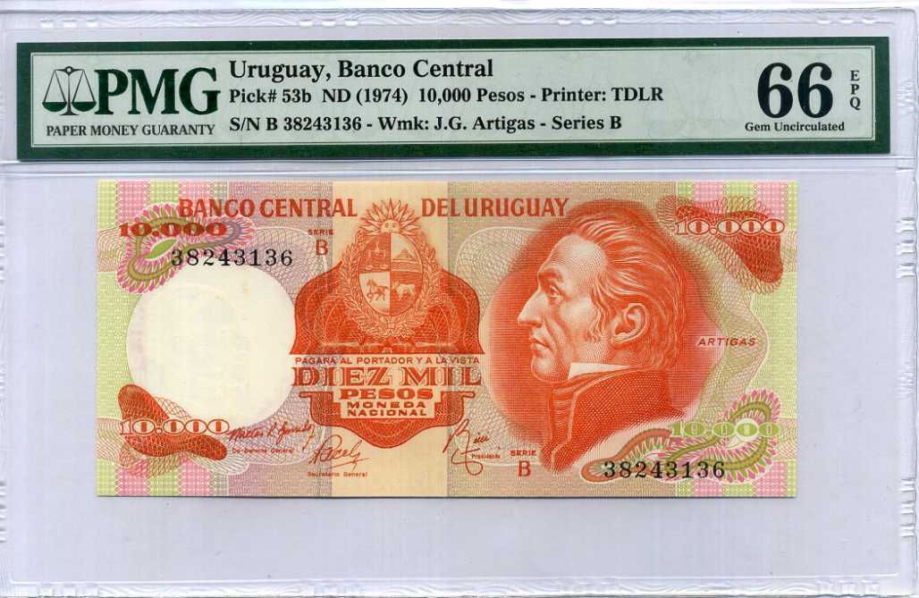 Uruguay 10000 Pesos ND 1974 P 53 Gem UNC PMG 66 EPQ
