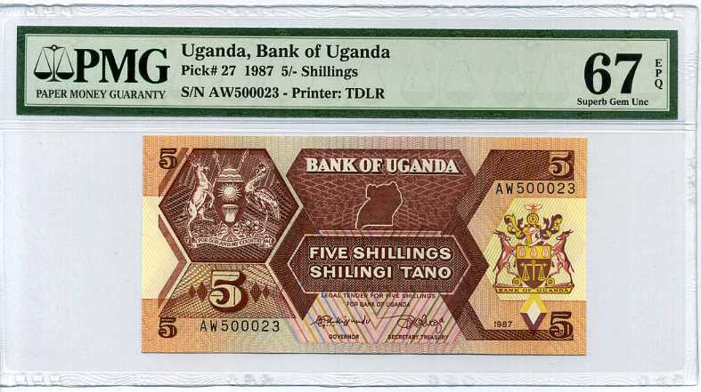 Uganda 5 Shillings 1987 P 27 Superb Gem UNC PMG 67 EPQ HIGH
