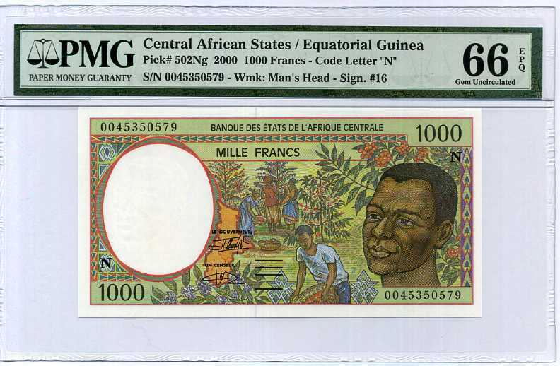 Central African States Guinea 1000 Francs 2000 P 502 Ng GEM UNC PMG 66 EPQ