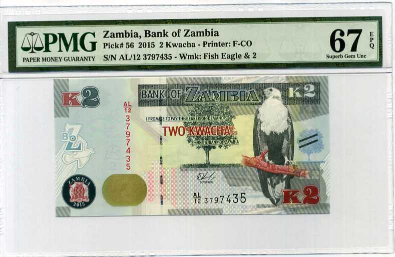 Zambia 10 Kwacha 2015 P 56 Superb Gem UNC PMG 67 EPQ