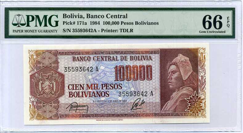Bolivia 100000 Pesos 1984 P 171 Gem UNC PMG 66 EPQ